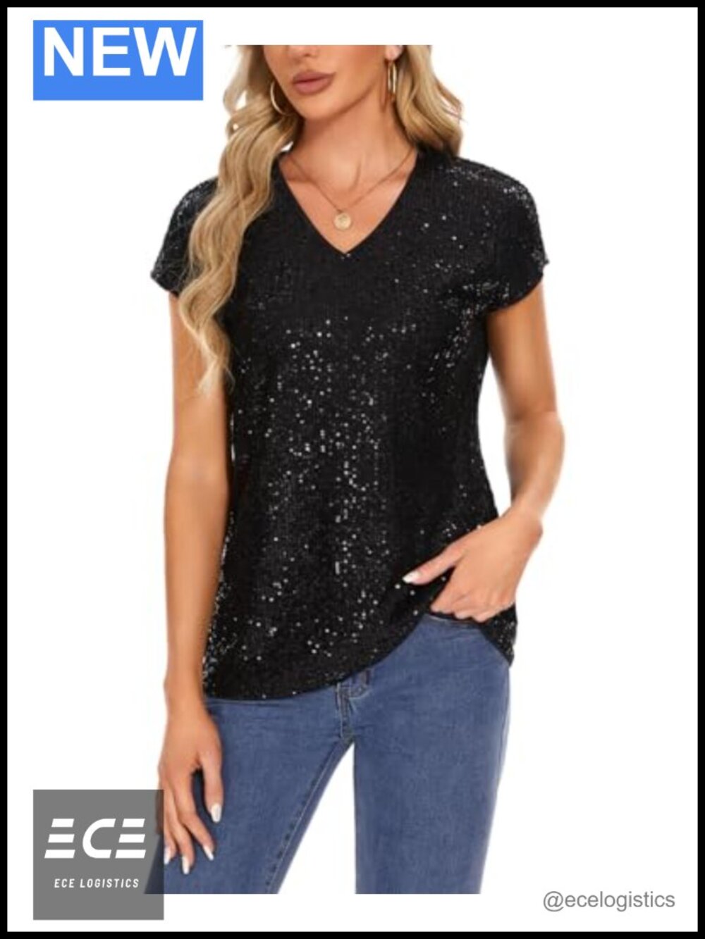 Sequin Glitter Party Blouse Cap Sleeve V-Neck Top for Women